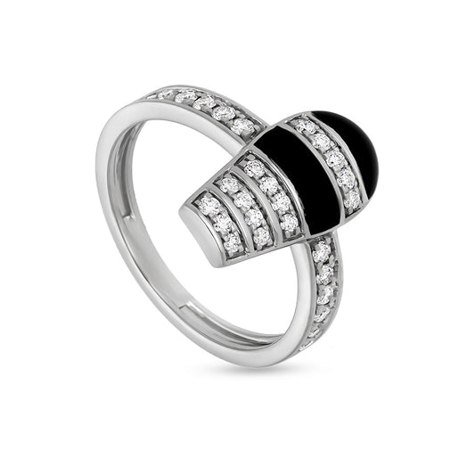 Повседневное кольцо из белого золота с черной эмалью и круглым натуральным бриллиантом 
