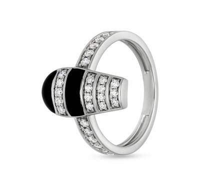 Повседневное кольцо из белого золота с черной эмалью и круглым натуральным бриллиантом