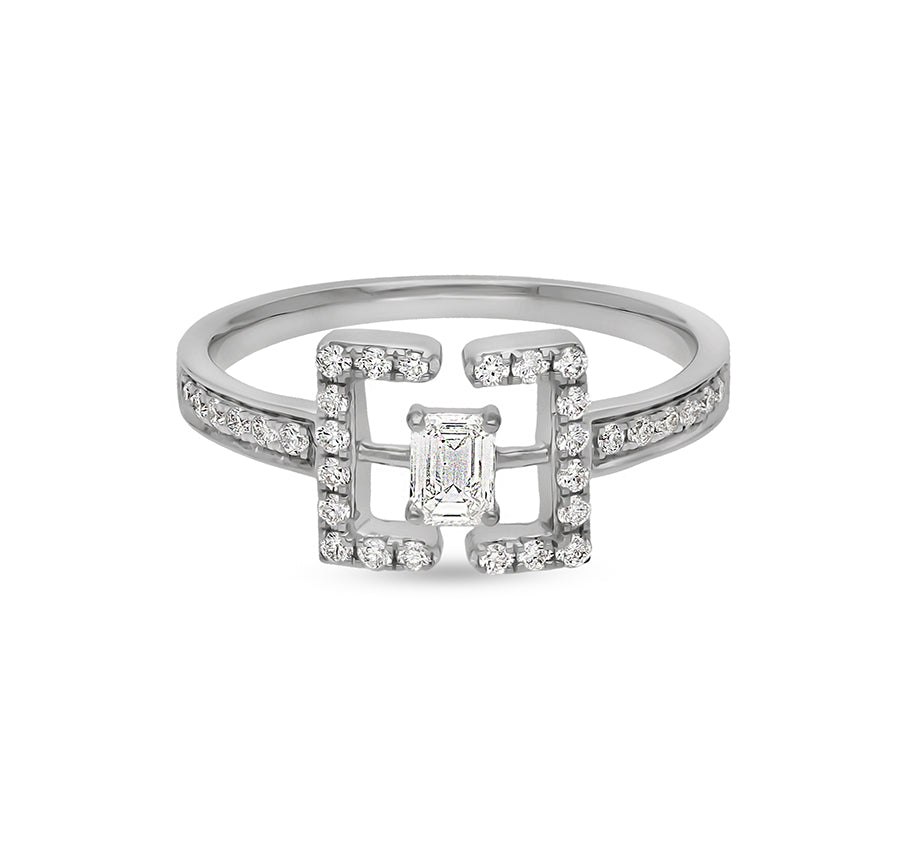 Square Brackets Shape With Emerald and Round Cut Diamond White Gold Casual Ring