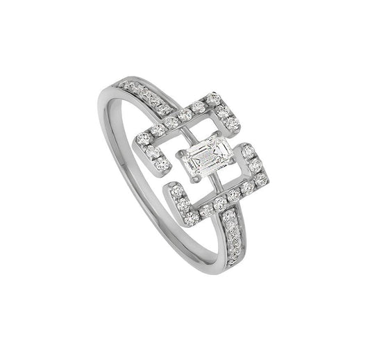 Square Brackets Shape With Emerald and Round Cut Diamond White Gold Casual Ring