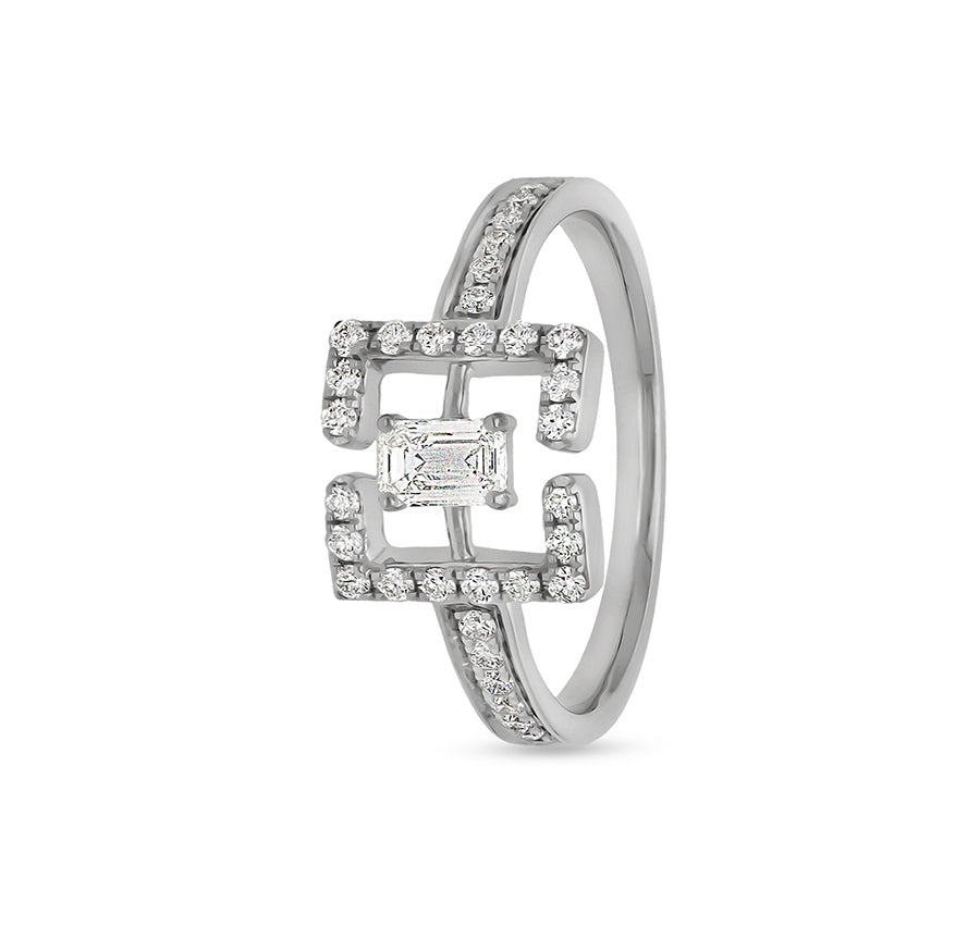 Square Brackets Shape With Emerald and Round Cut Diamond White Gold Casual Ring