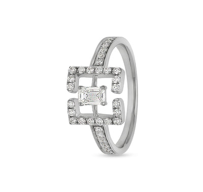 Square Brackets Shape With Emerald and Round Cut Diamond White Gold Casual Ring