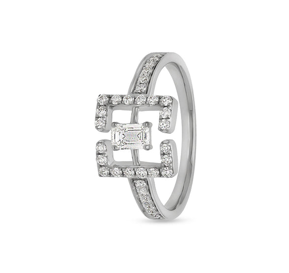 Square Brackets Shape With Emerald and Round Cut Diamond White Gold Casual Ring