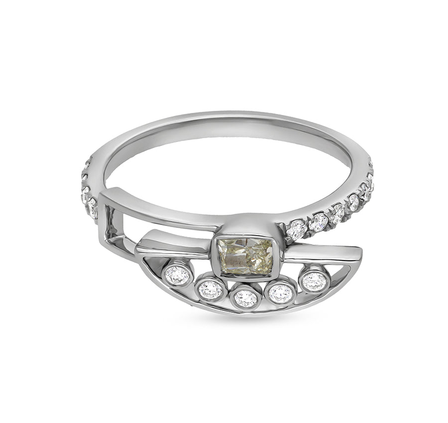 Cushion Shape and Round Natural Diamond With Bezel Setting White Gold Casual Ring