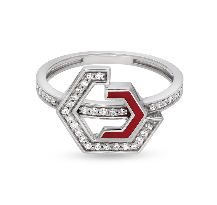 Hexagon Shape With Red Enamel Round Natural Diamond White Gold Casual Ring