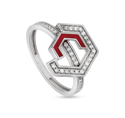 Hexagon Shape With Red Enamel Round Natural Diamond White Gold Casual Ring