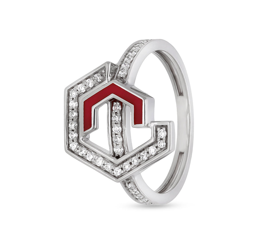 Шестиугольная форма с красной эмалью, круглое кольцо из белого золота с натуральным бриллиантом 
