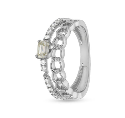 Повседневное кольцо из белого золота в форме полуцепочки с изумрудом и бриллиантом круглой огранки 