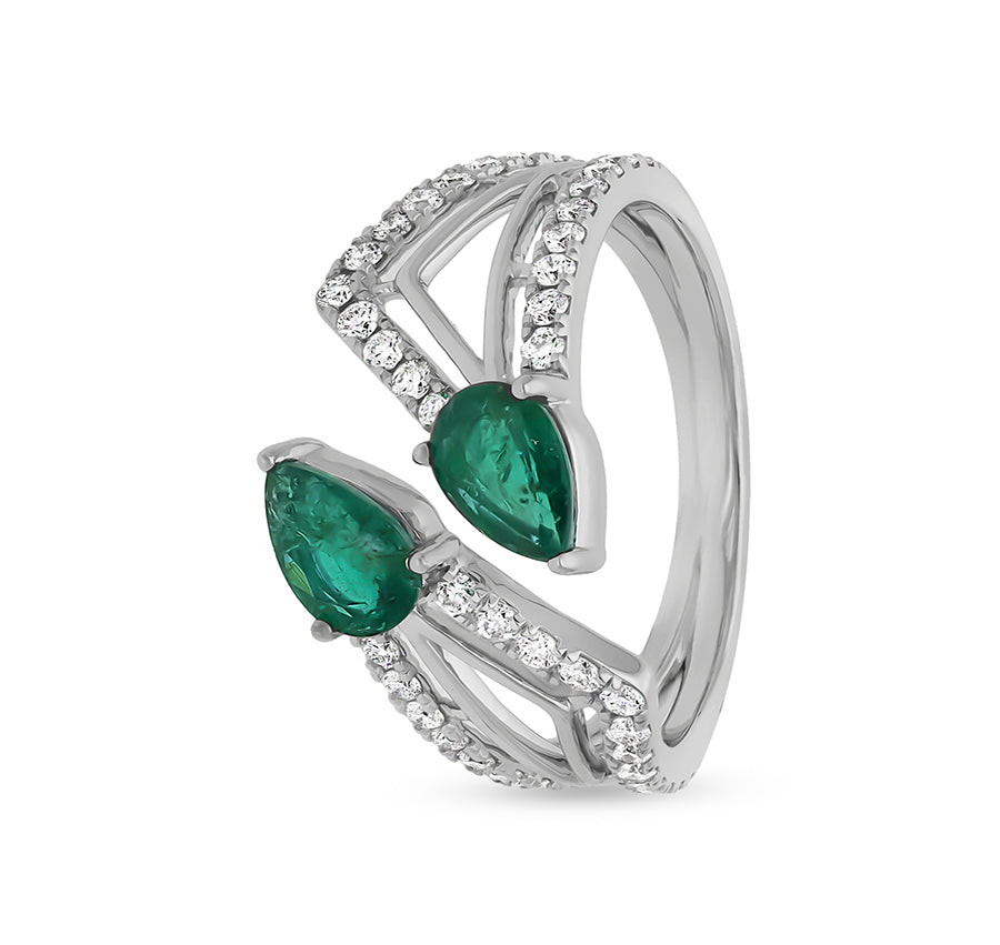 Divkāršs zaļš bumbieris smaragds ar apaļu dabīgā dimanta baltā zelta ikdienas gredzenu 