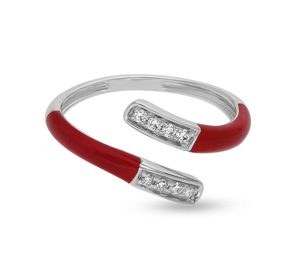Red Enamel with Round Natural Diamond White Gold Casual Ring