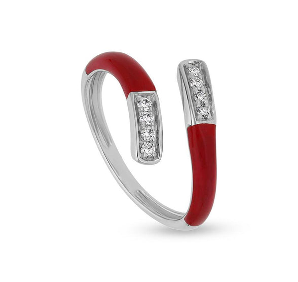 Red Enamel with Round Natural Diamond White Gold Casual Ring