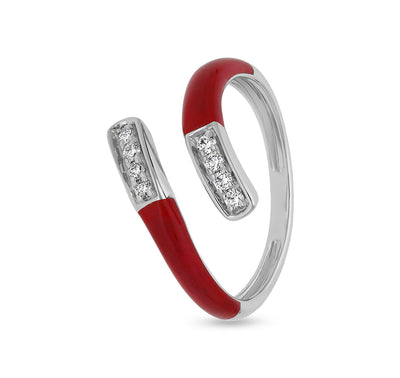 Повседневное кольцо из белого золота с красной эмалью и круглым натуральным бриллиантом 
