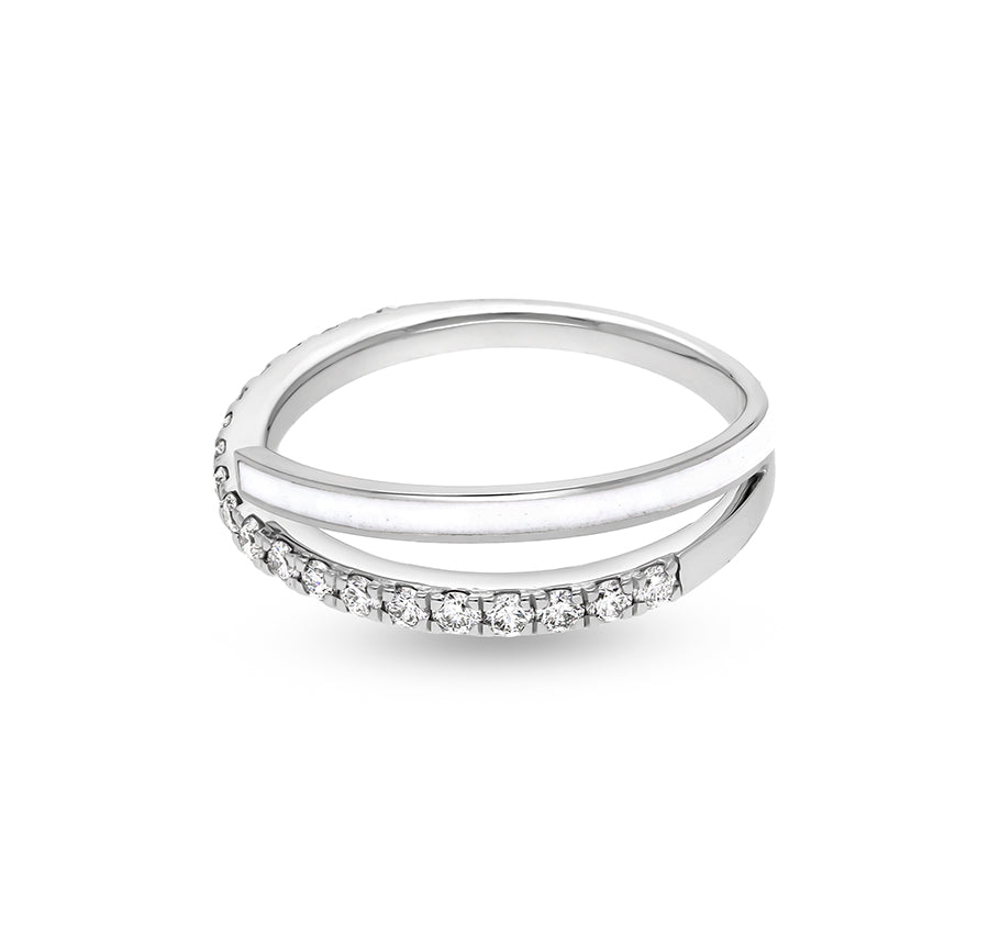 White Enamel With Round Diamond Prong Set White Gold Casual Ring