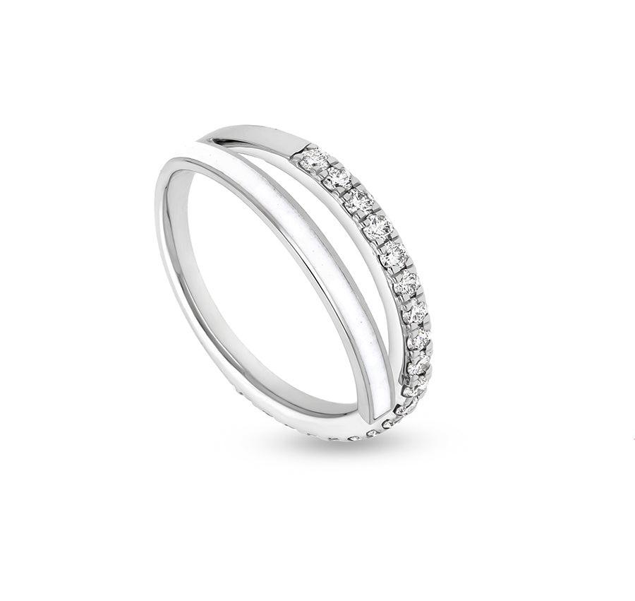 White Enamel With Round Diamond Prong Set White Gold Casual Ring