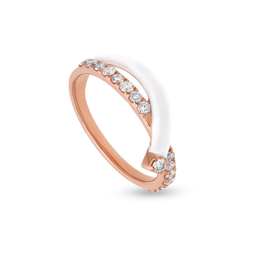Повседневное кольцо из розового золота с белой эмалью и круглым натуральным бриллиантом 