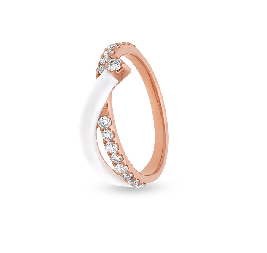 White Enamel With Round Natural Diamond Rose Gold Casual Ring