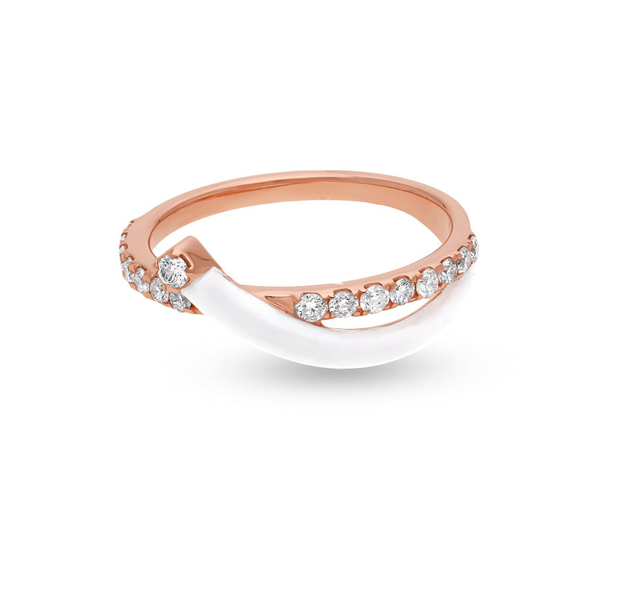 White Enamel With Round Natural Diamond Rose Gold Casual Ring