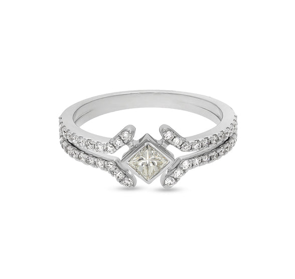 Princess Shape With Round Natural Diamond White Gold Casual Ring