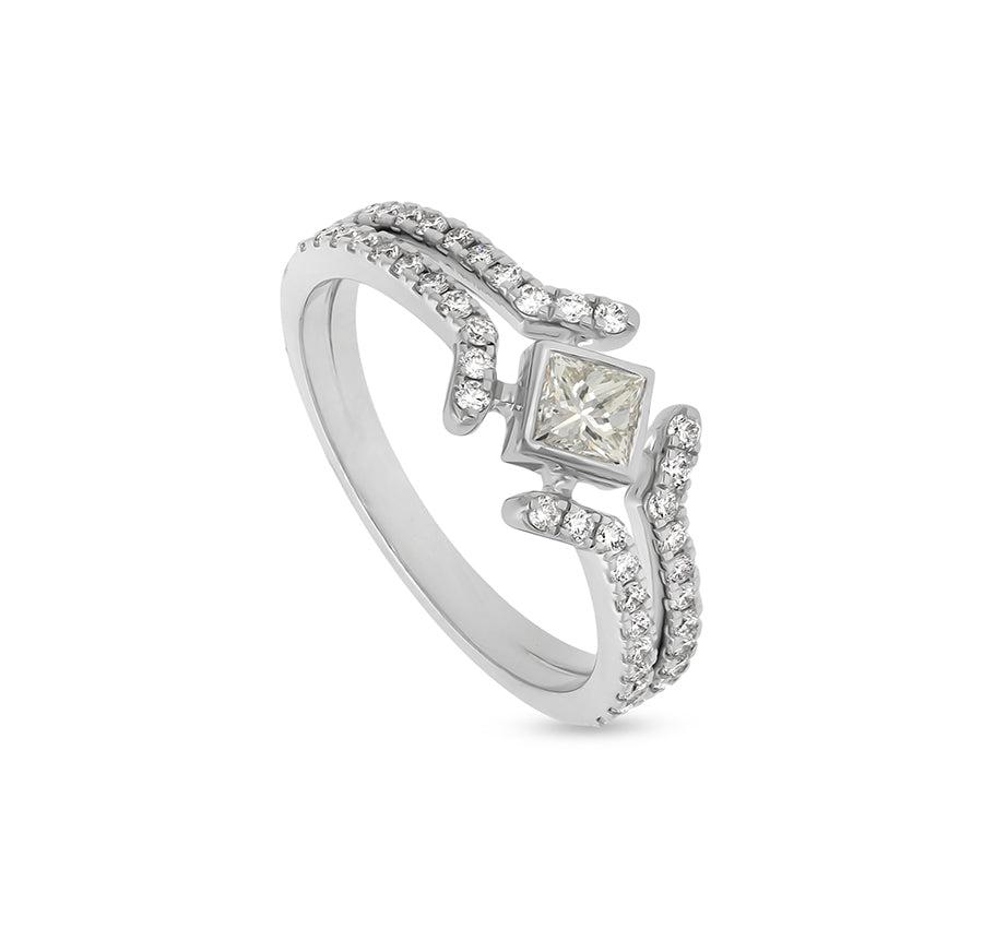 Princess Shape With Round Natural Diamond White Gold Casual Ring