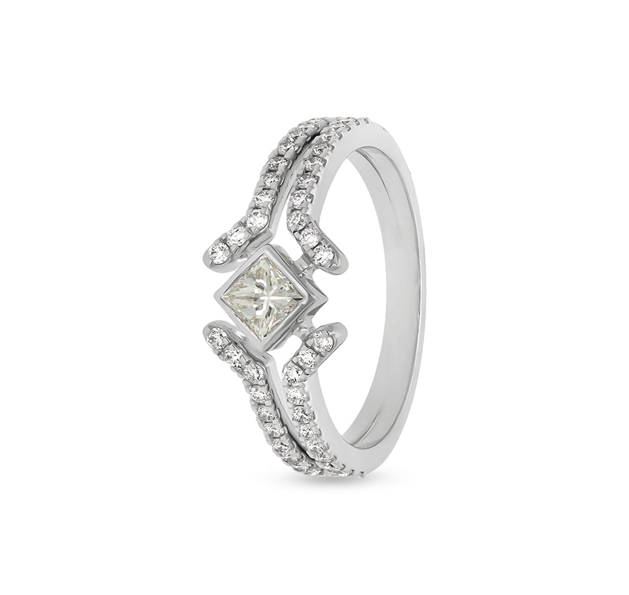 Princess Shape With Round Natural Diamond White Gold Casual Ring