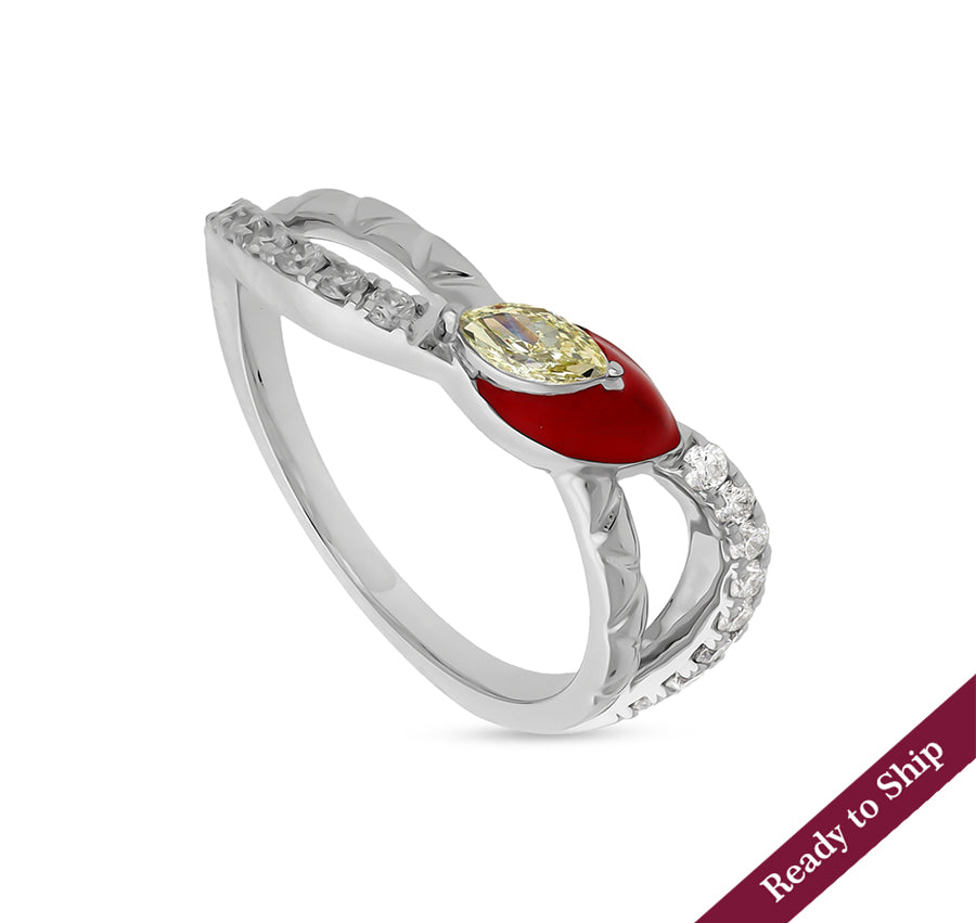 Red Enamel With Yellow Marquise Diamond White Gold Casual Ring