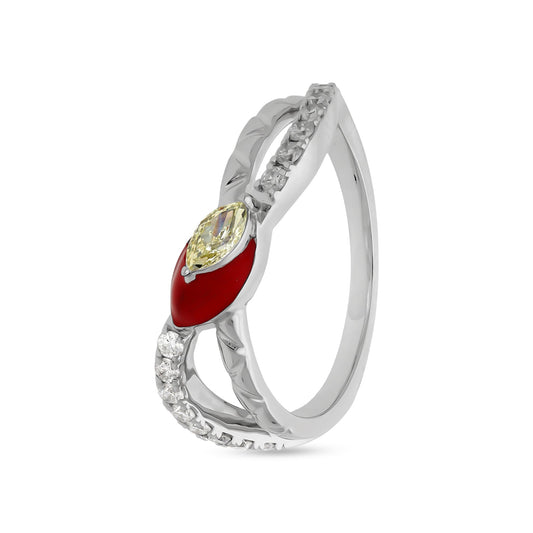 Повседневное кольцо из белого золота с красной эмалью и желтым бриллиантом маркизы 