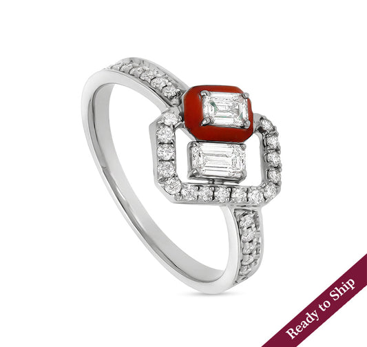 Red Enamel With Emerald Shape and Round Cut Diamond White Gold Casual Ring