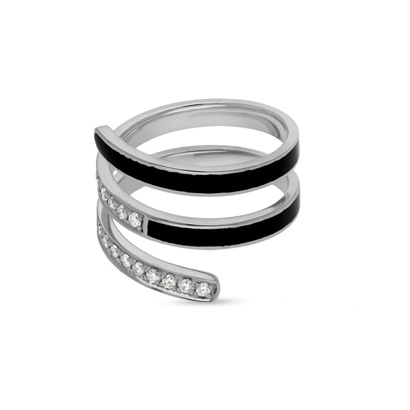 Swirl Shape With Black Enamel White Gold Diamond Casual Ring
