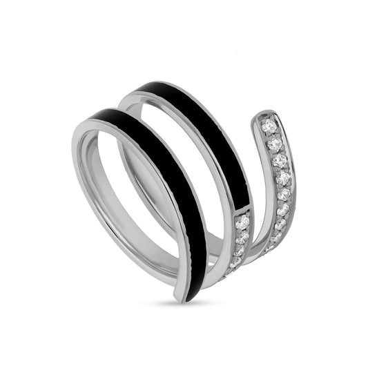Swirl Shape With Black Enamel White Gold Diamond Casual Ring