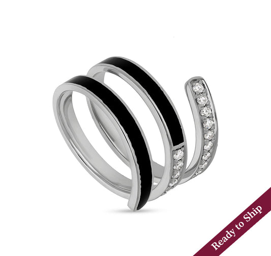 Повседневное кольцо в форме вихря с черной эмалью и бриллиантом из белого золота 