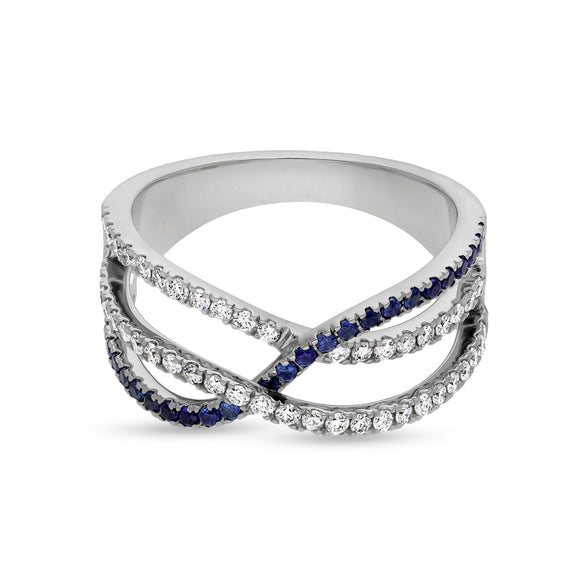 Crisscross Shape With Blue and White Round Diamond  White Gold Casual Ring