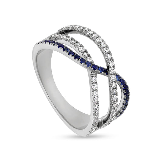 Crisscross Shape With Blue and White Round Diamond  White Gold Casual Ring