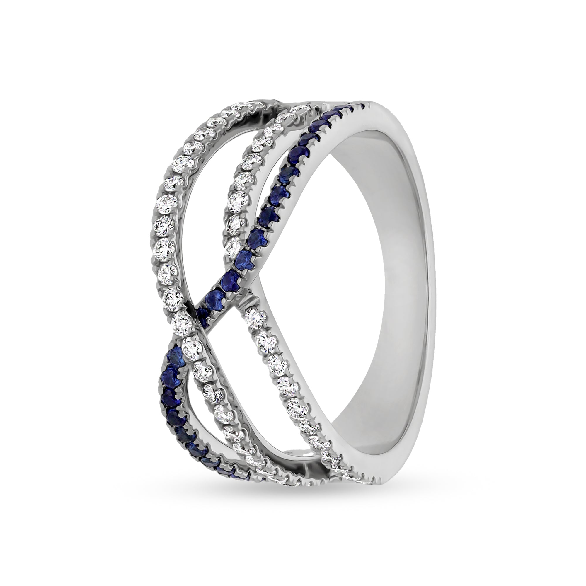 Повседневное кольцо из белого золота в форме крест-накрест с синим и белым круглым бриллиантом 