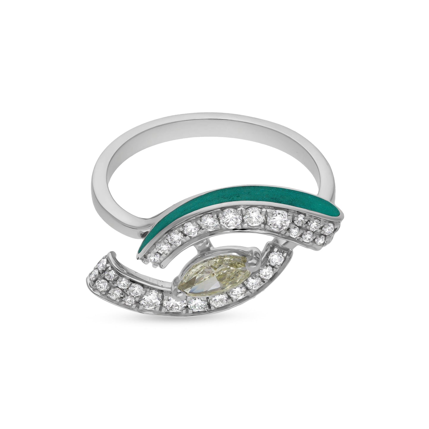 Повседневное кольцо из белого золота с синей эмалью в форме глаза, бриллиантами круглой огранки и маркизой 