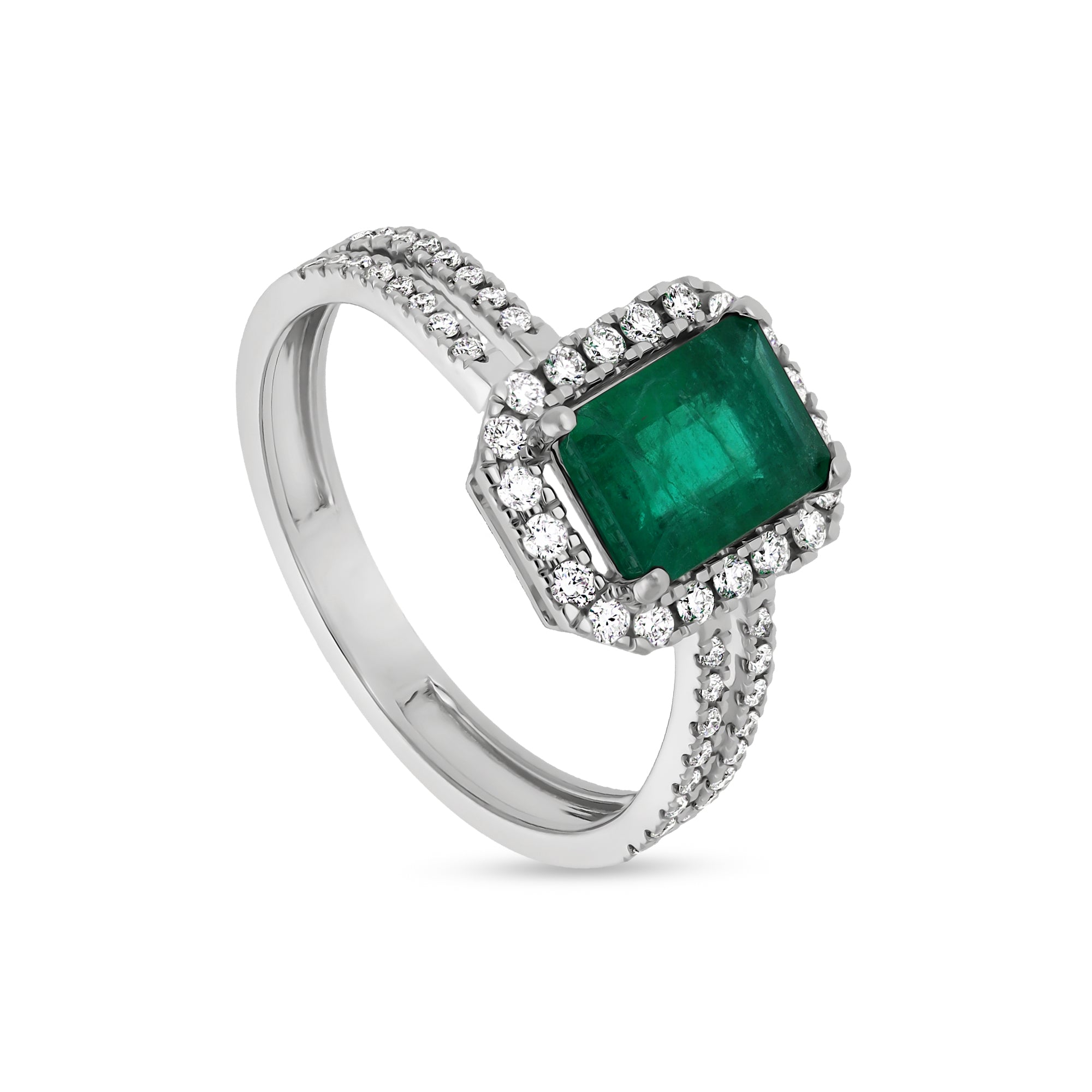 Обручальное кольцо из белого золота в форме зеленого изумруда с круглым бриллиантом 
