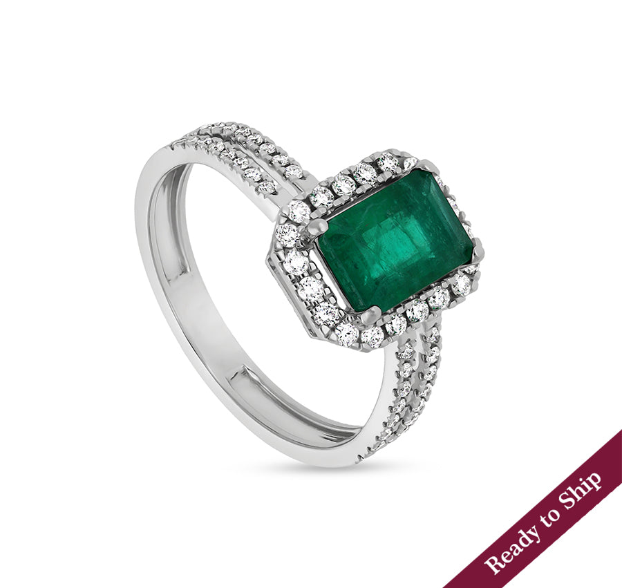 Green Emerald Shape With Round Diamond White Gold Engagement Ring