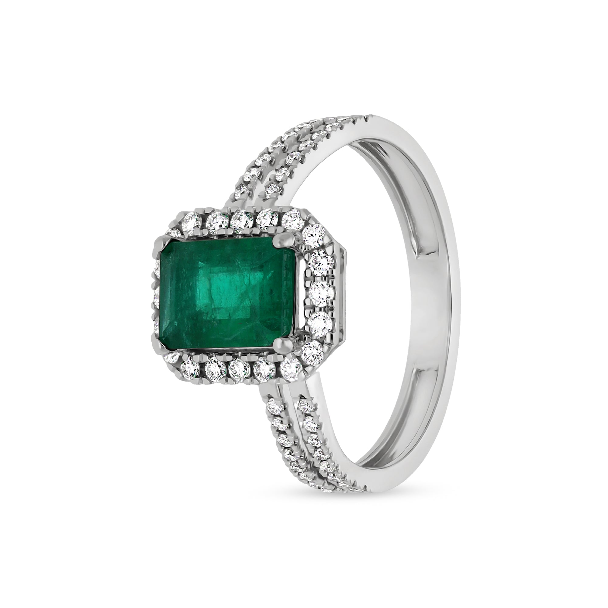 Обручальное кольцо из белого золота в форме зеленого изумруда с круглым бриллиантом 