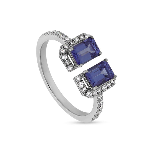 Женское повседневное кольцо из белого золота с танзанитом из синего изумруда и круглым натуральным бриллиантом 