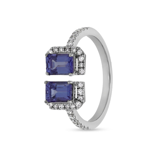 Женское повседневное кольцо из белого золота с танзанитом из синего изумруда и круглым натуральным бриллиантом 