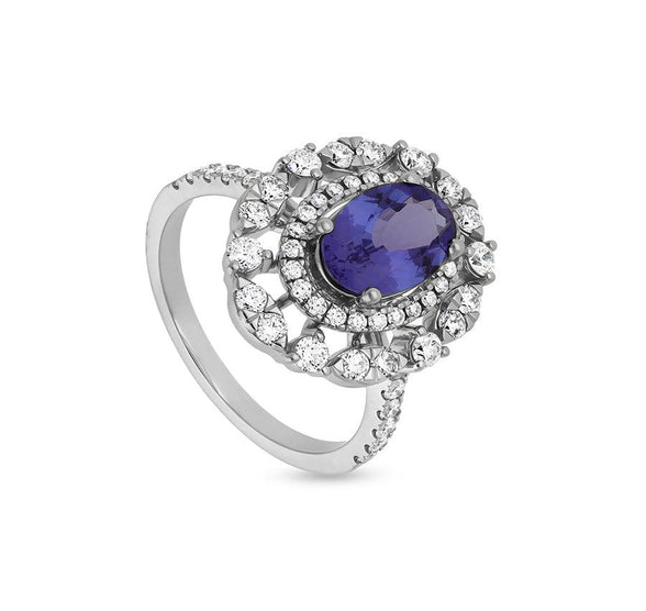 Blue oval Tanzanite With Round Natural Diamond White Gold Halo Ring