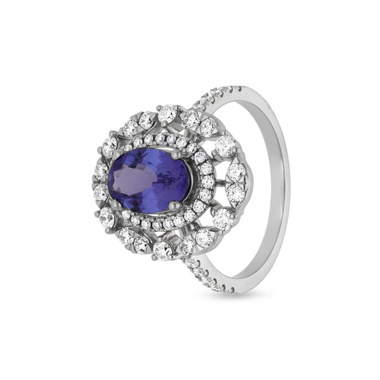 Blue oval Tanzanite With Round Natural Diamond White Gold Halo Ring