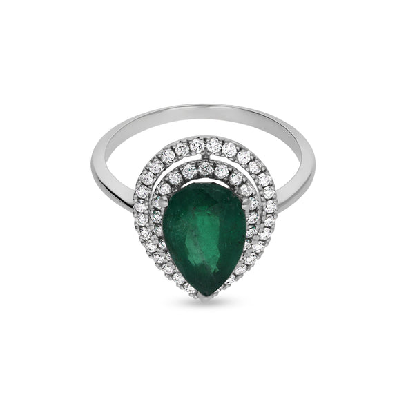 Кольцо в форме зеленой груши с круглым кольцом из белого золота с натуральным бриллиантом и двойным ореолом 