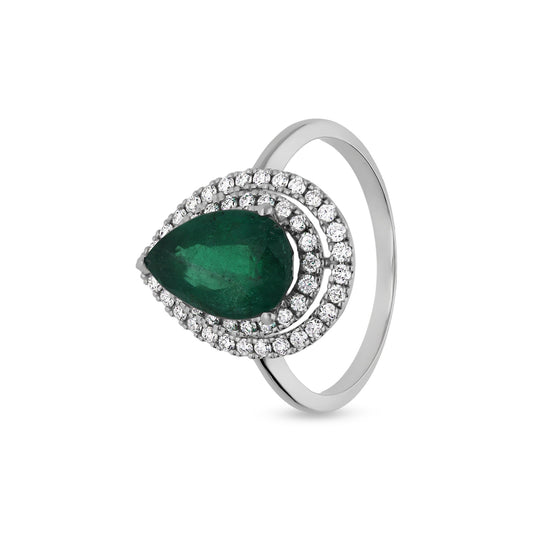 Кольцо в форме зеленой груши с круглым кольцом из белого золота с натуральным бриллиантом и двойным ореолом 