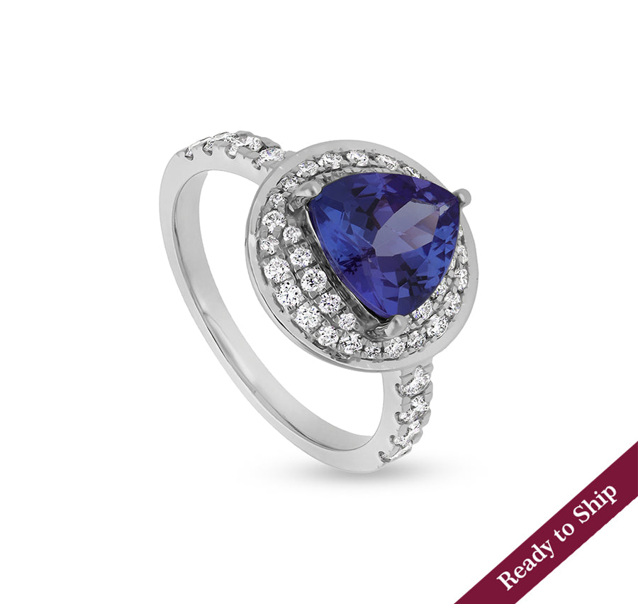 Blue Triangle Tanzanite With Round Natural Diamond White Gold Engagement Ring