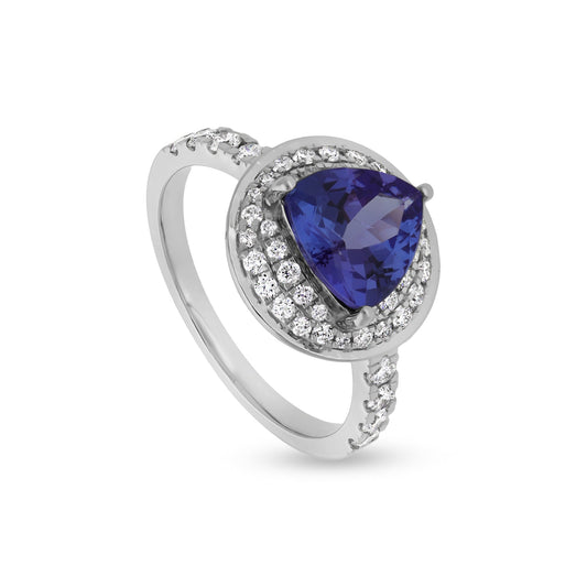Blue Triangle Tanzanite With Round Natural Diamond White Gold Engagement Ring
