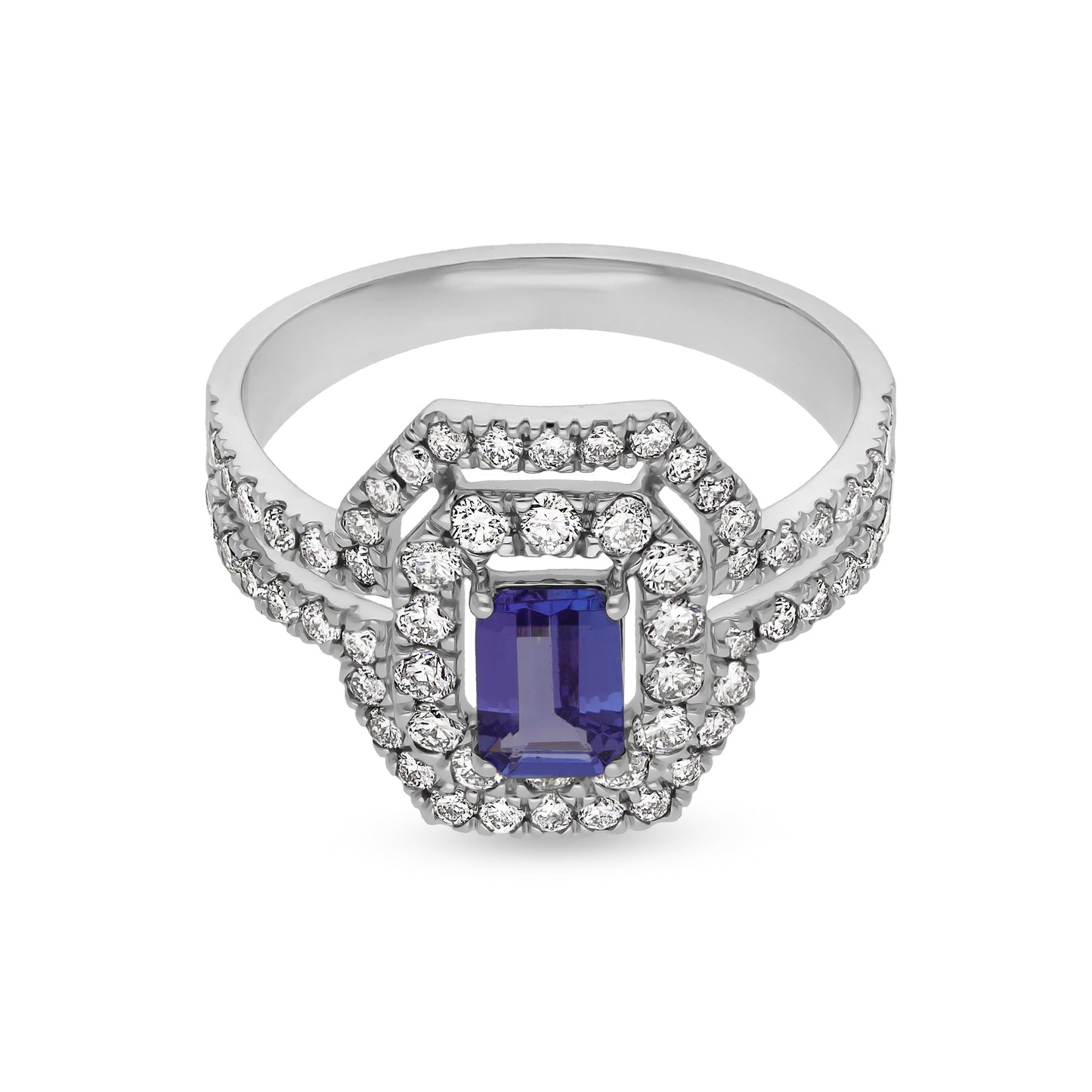 Обручальное кольцо из белого золота с синим танзанитом и бриллиантом изумрудной формы 