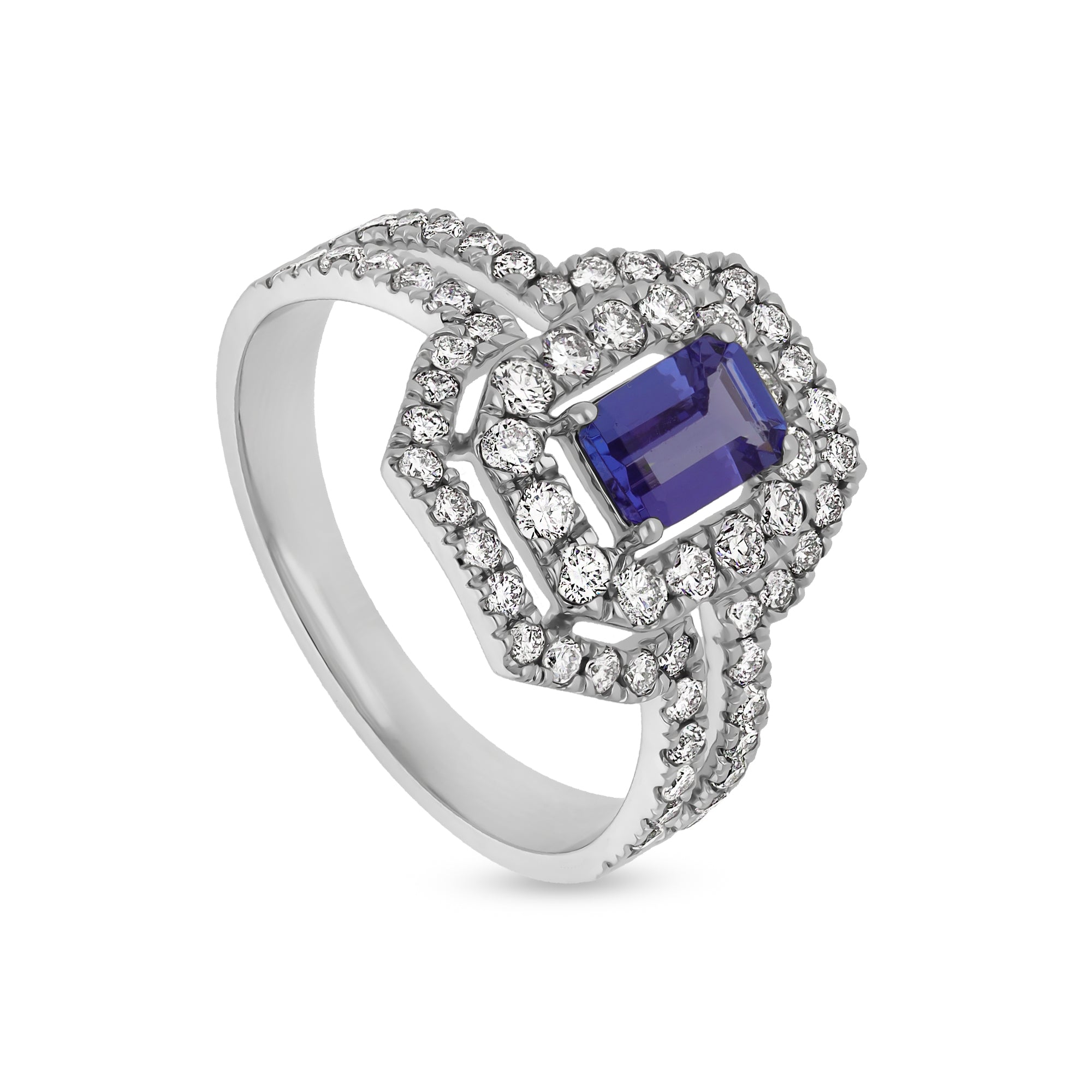 Обручальное кольцо из белого золота с синим танзанитом и бриллиантом изумрудной формы 