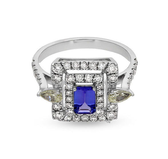 Blue Tanzanite With Pear Shape Diamond White Gold Engagement  Ring