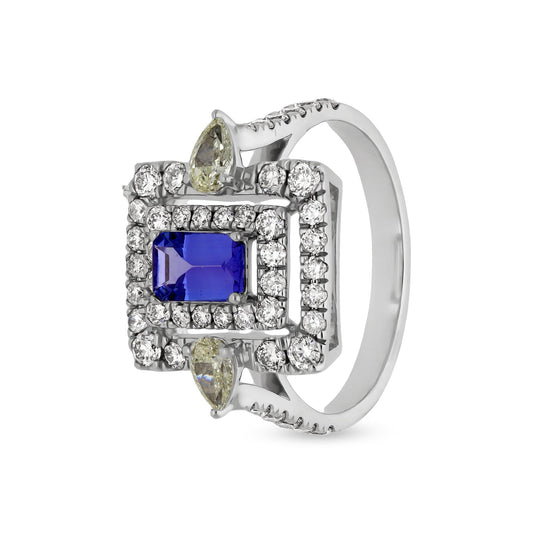 Blue Tanzanite With Pear Shape Diamond White Gold Engagement  Ring