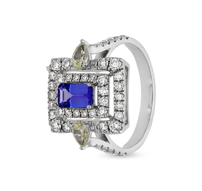 Blue Tanzanite With Pear Shape Diamond White Gold Engagement  Ring